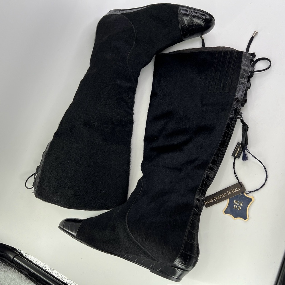 NWT Migliorini Calf Hair Boots Reptile Pattern Lace Up Back  7.5 Black Real Fur - Picture 6 of 12
